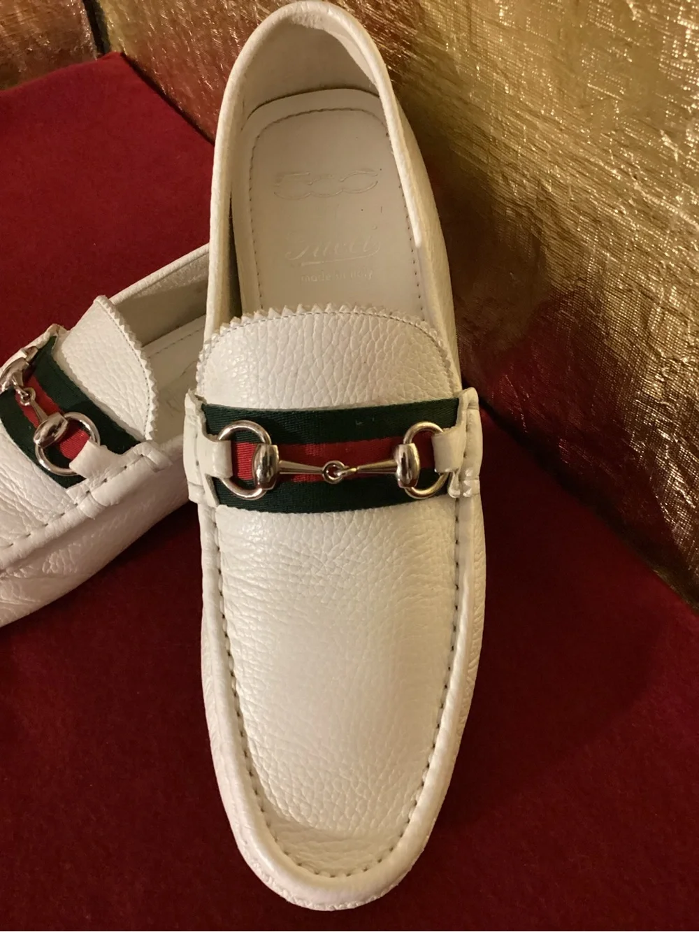 Gucci White Leather Loafers with Green-Red Web and Silver Bit